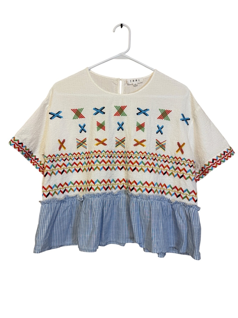 THML Embroidered Peplum Top White Blue Stripe Ruffle Boho Cotton Large